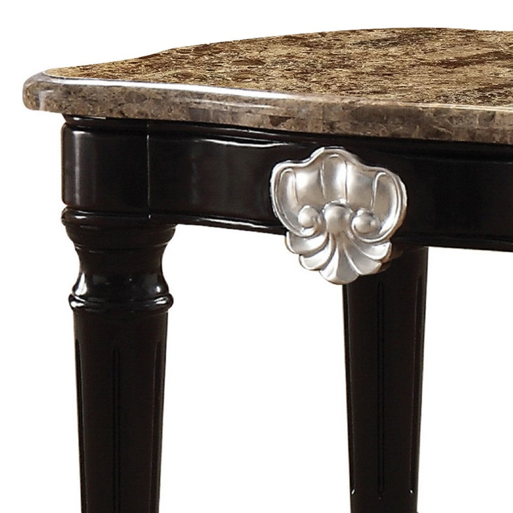Benzara Marble Top End Table With Contrast Carved Motif Turned Wood Legs, Black