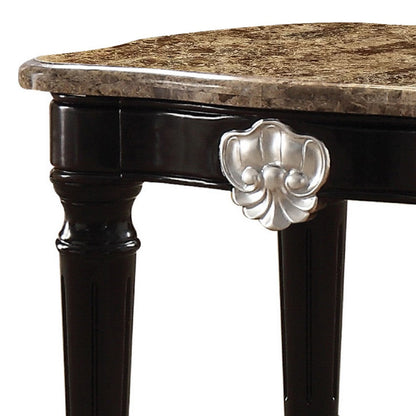 Benzara Marble Top End Table With Contrast Carved Motif Turned Wood Legs, Black