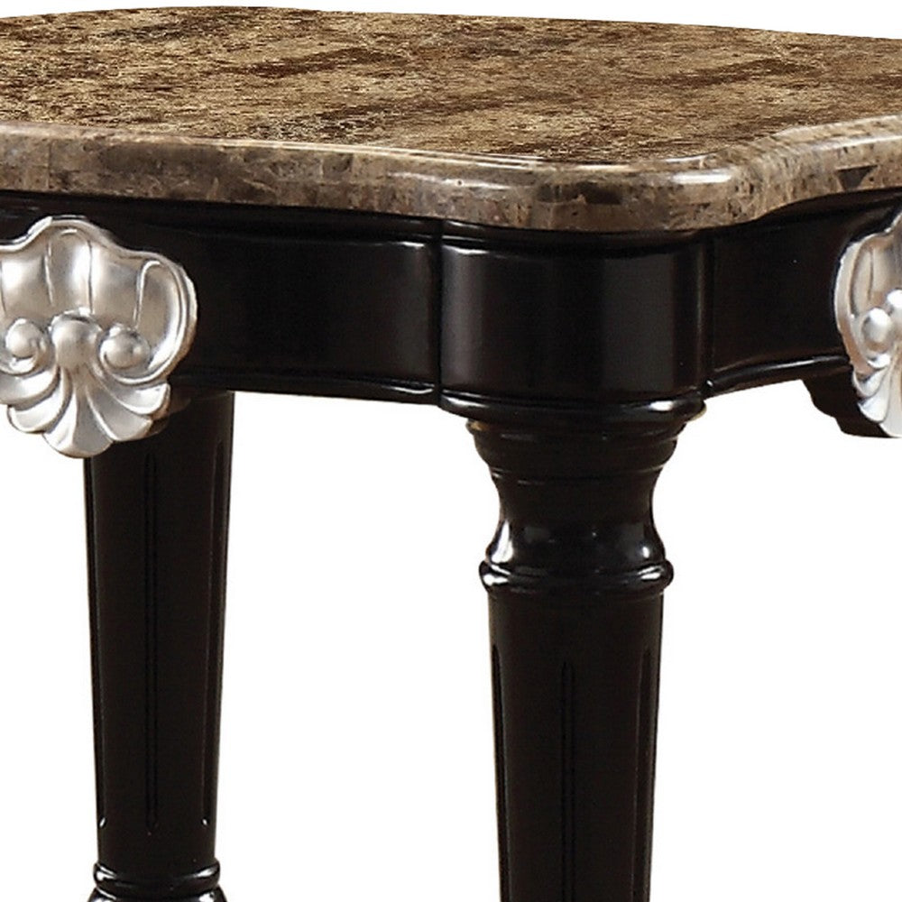 Benzara Marble Top End Table With Contrast Carved Motif Turned Wood Legs, Black