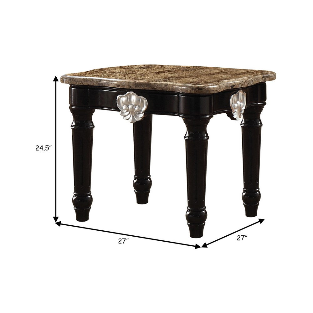 Benzara Marble Top End Table With Contrast Carved Motif Turned Wood Legs, Black