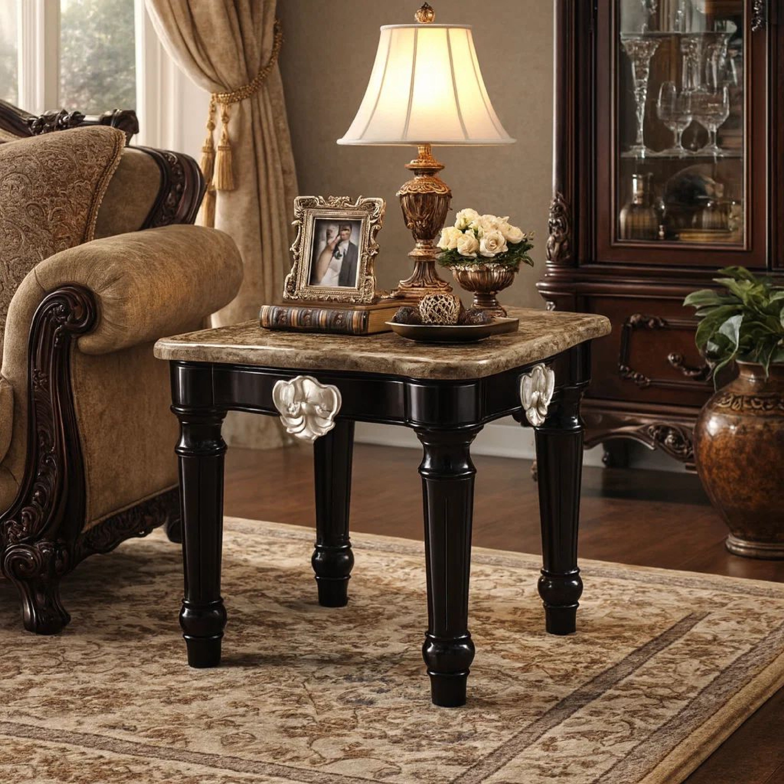 Benzara Marble Top End Table With Contrast Carved Motif Turned Wood Legs, Black