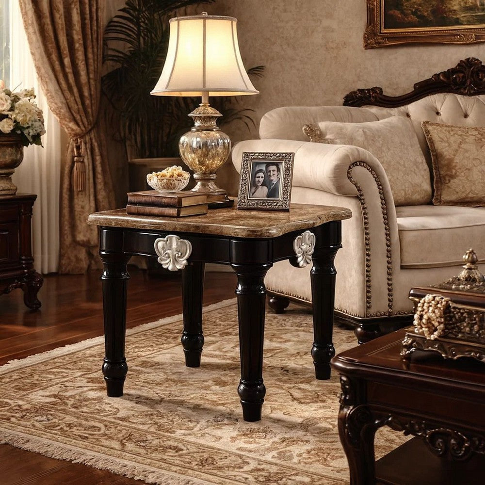 Benzara Marble Top End Table With Contrast Carved Motif Turned Wood Legs, Black