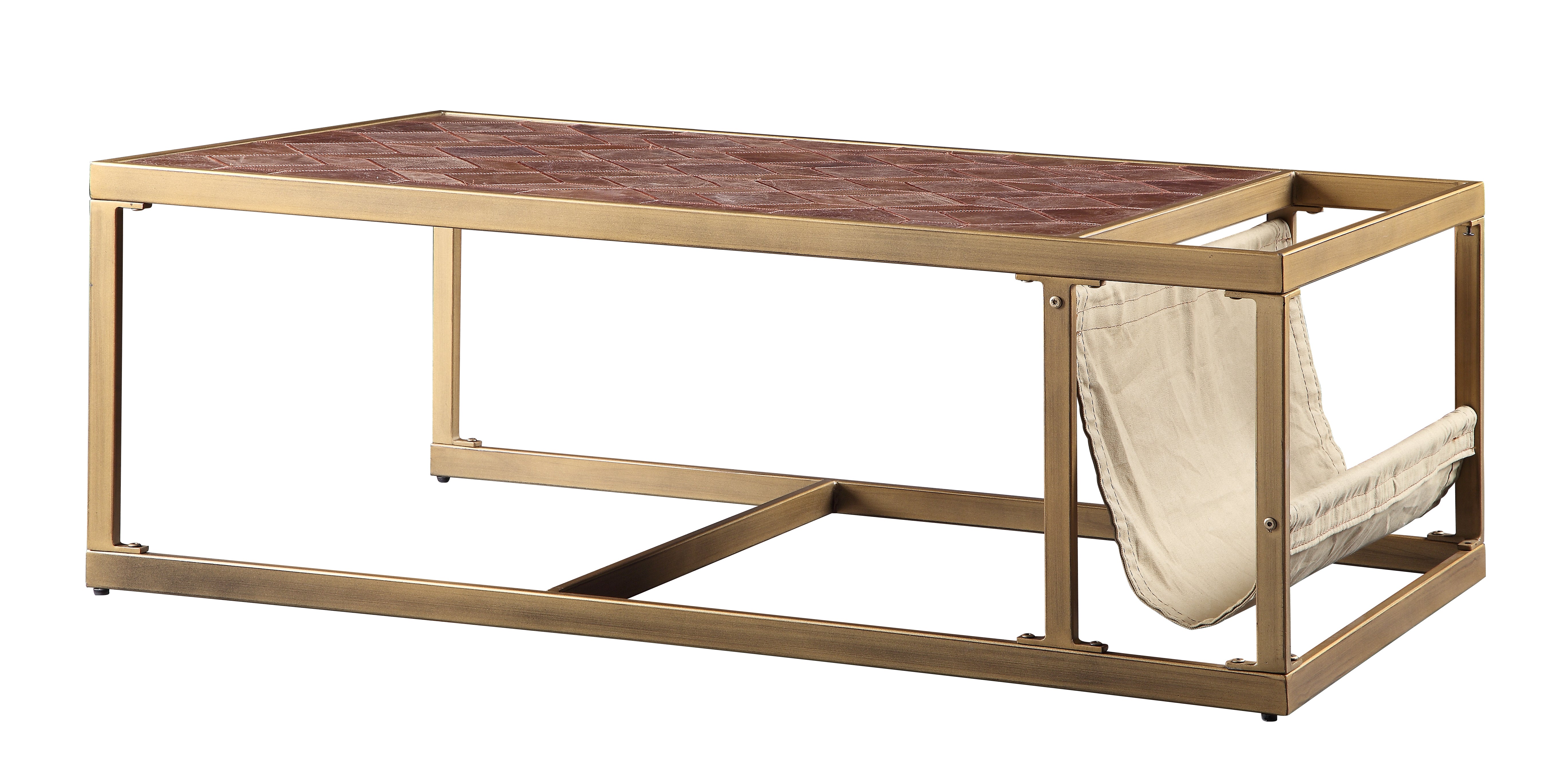Benzara Metal Constructed Coffee Table with Leatherette Top And Magazine Holder, Beige And Gold