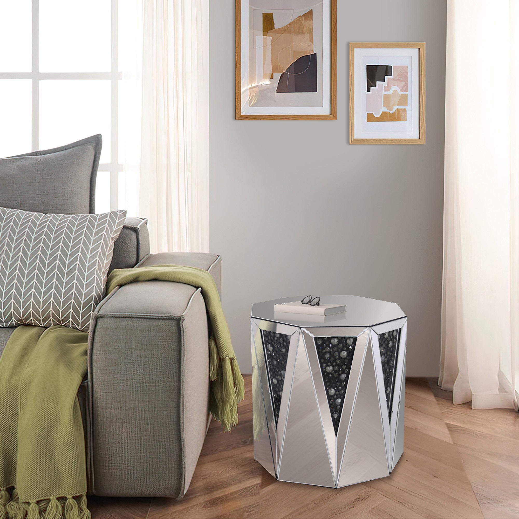 ACME End Table With Octagonal Mirrored Top, Clear And Black