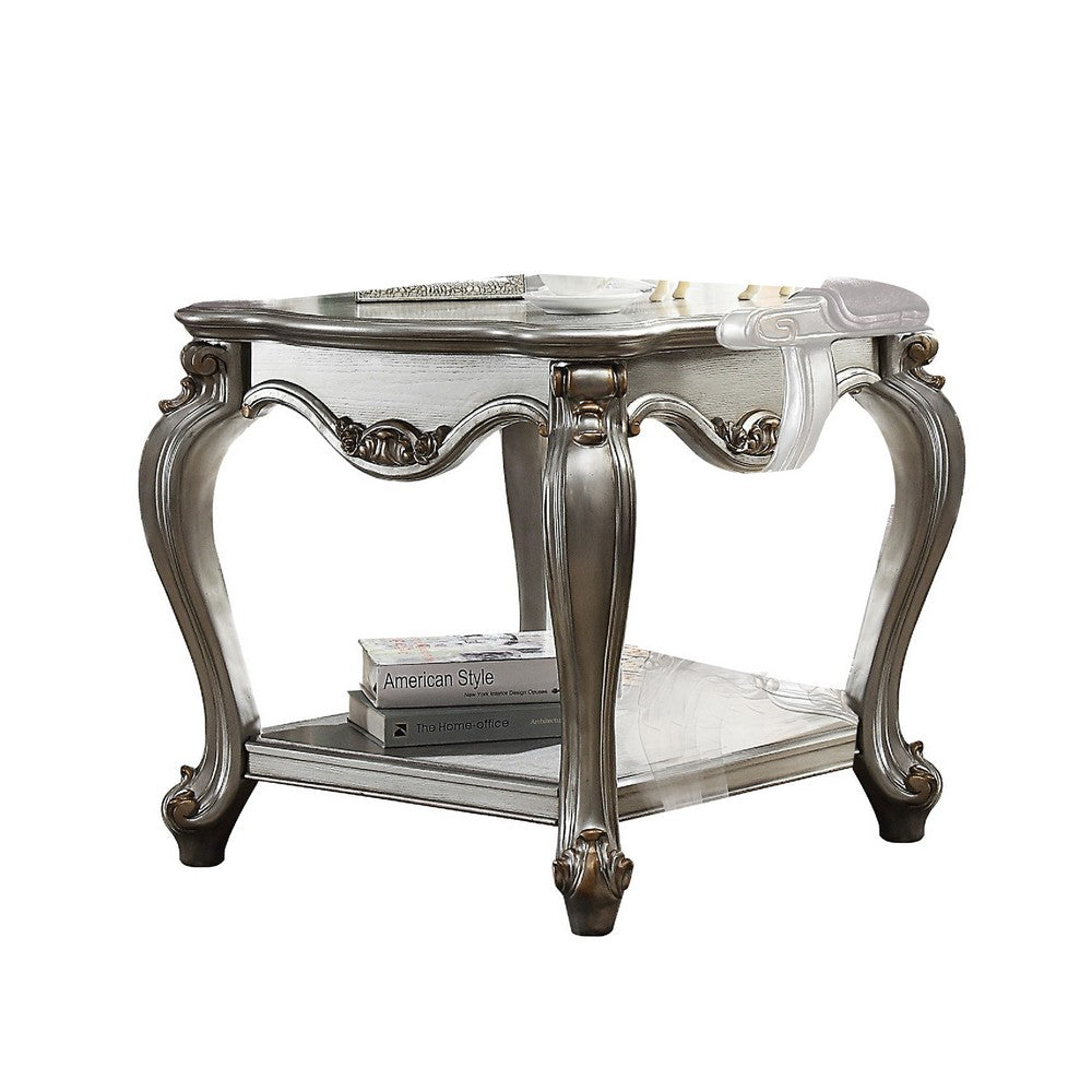 Benjara Side End Table, Scalloping, Polyresin Carvings And Bottom Shelf, Silver