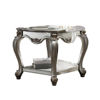 Benjara Side End Table, Scalloping, Polyresin Carvings And Bottom Shelf, Silver