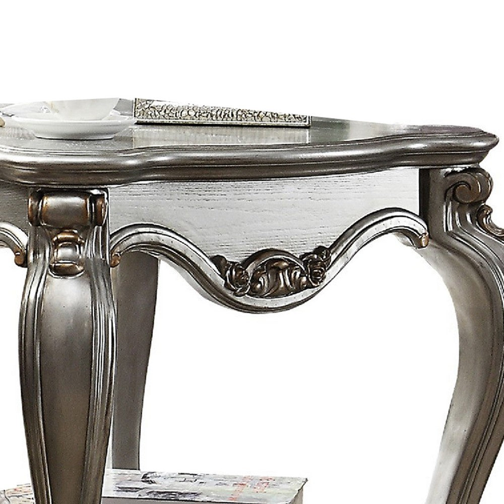 Benjara Side End Table, Scalloping, Polyresin Carvings And Bottom Shelf, Silver
