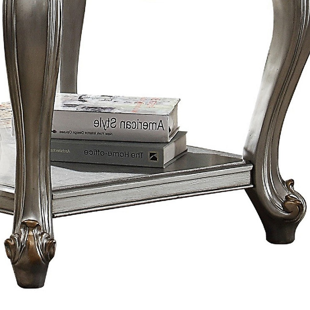 Benjara Side End Table, Scalloping, Polyresin Carvings And Bottom Shelf, Silver