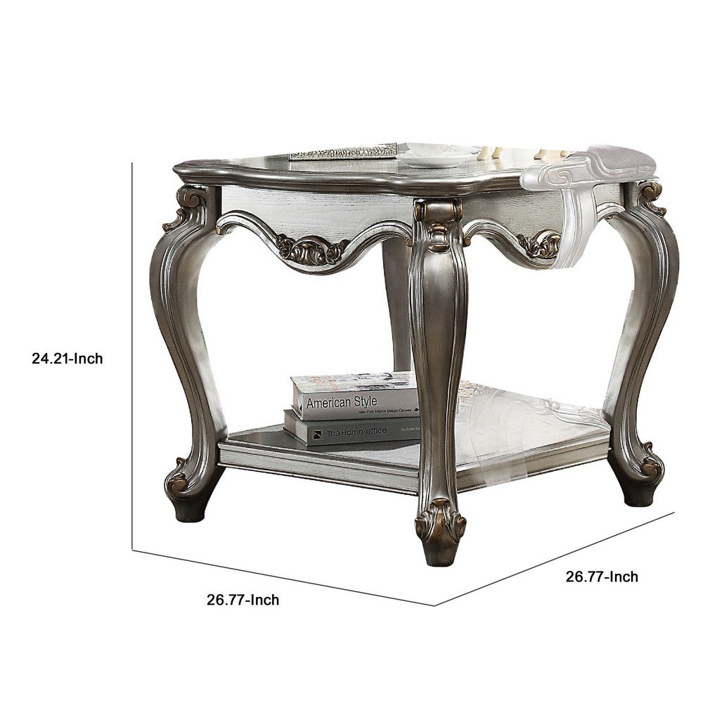 Benjara Side End Table, Scalloping, Polyresin Carvings And Bottom Shelf, Silver