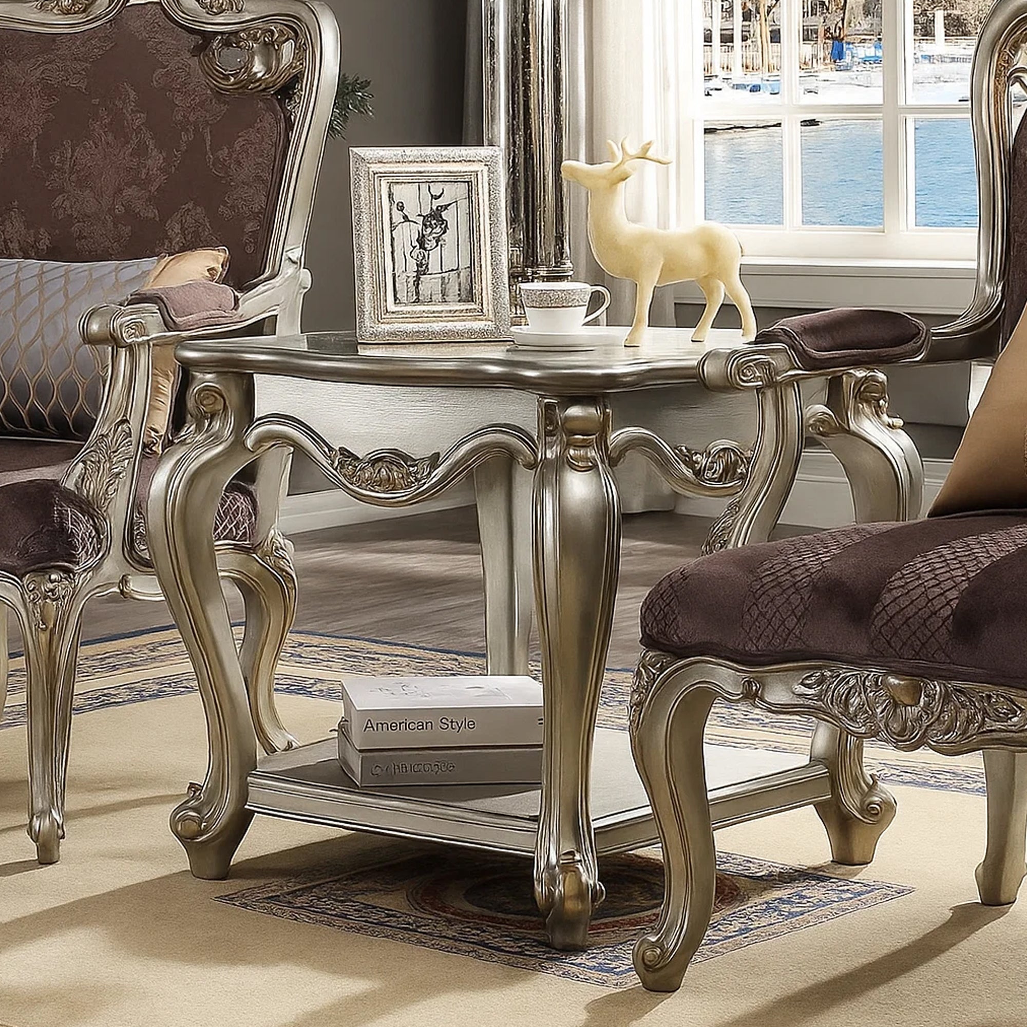 Benjara Side End Table, Scalloping, Polyresin Carvings And Bottom Shelf, Silver
