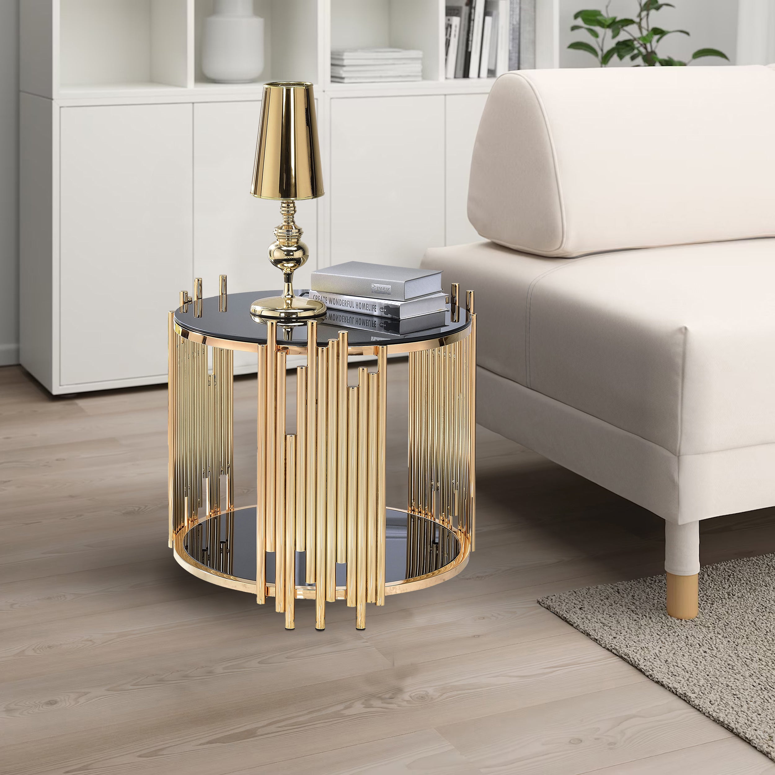 Benjara Modern Metal And Glass End Table with Tubing Design, Black And Gold
