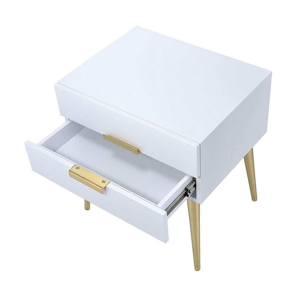 ACME Denvor Square End Table with Drawers, White & Gold