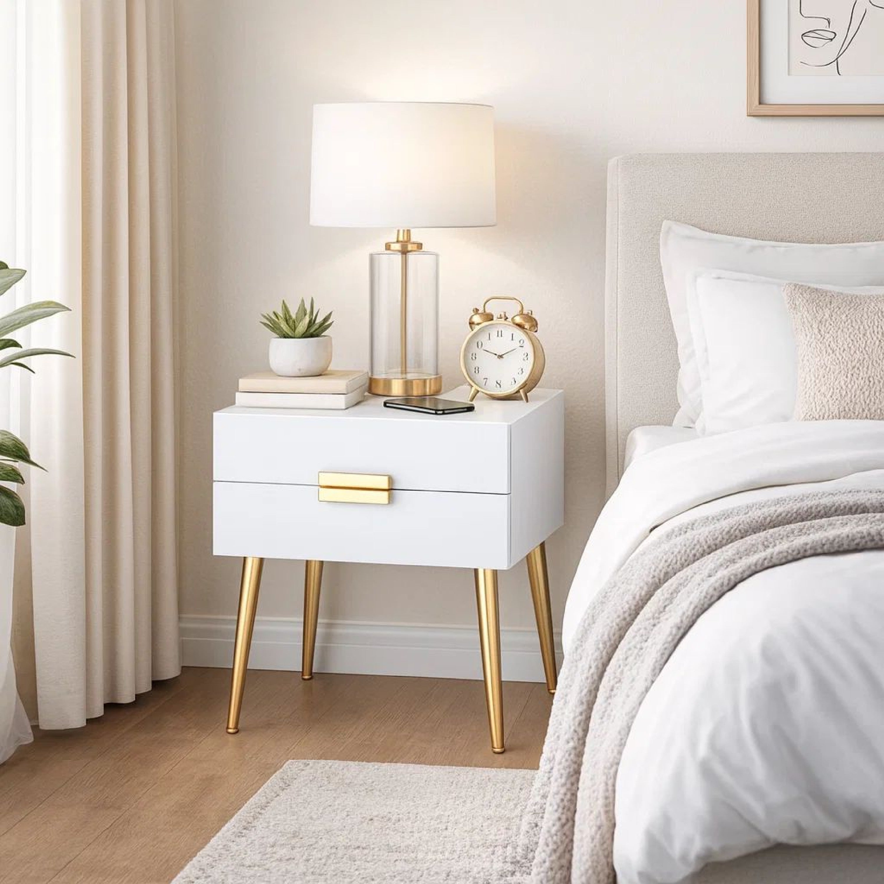 ACME Denvor Square End Table with Drawers, White & Gold
