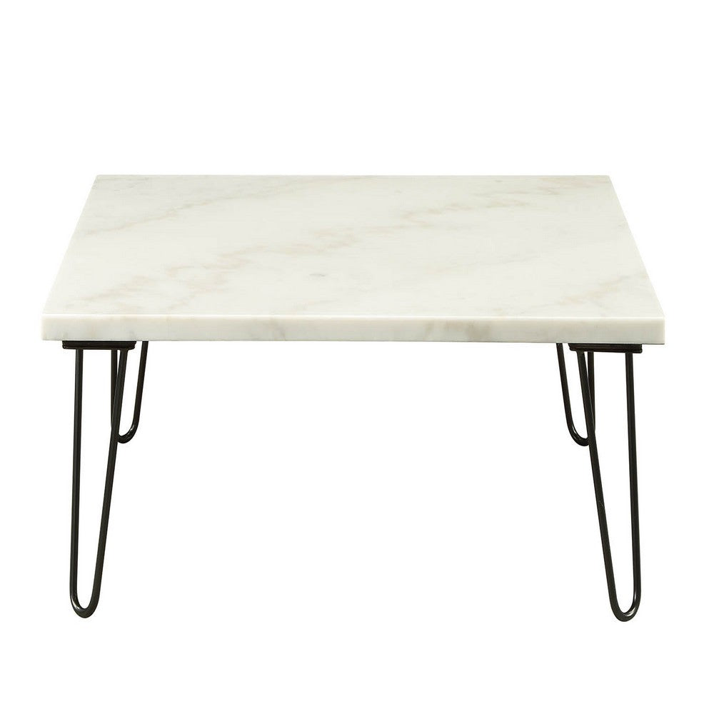 Benjara Marble Top Coffee Table with Hairpin Style Metal Legs, White And Black