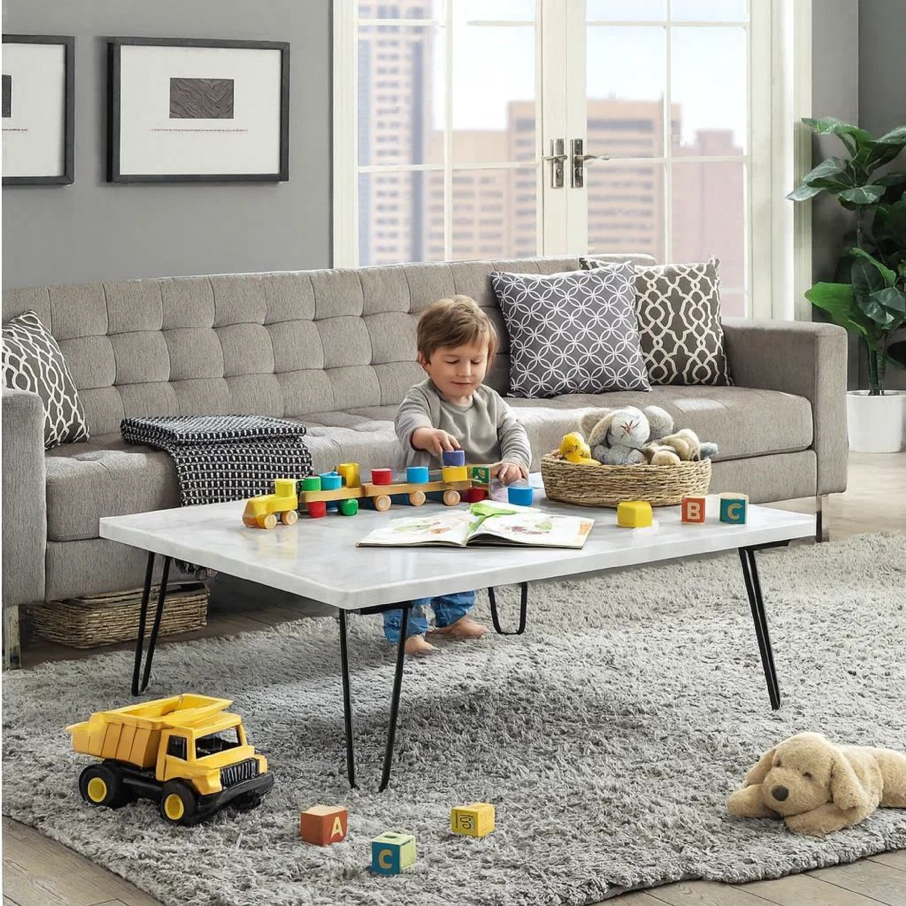 Benjara Marble Top Coffee Table with Hairpin Style Metal Legs, White And Black