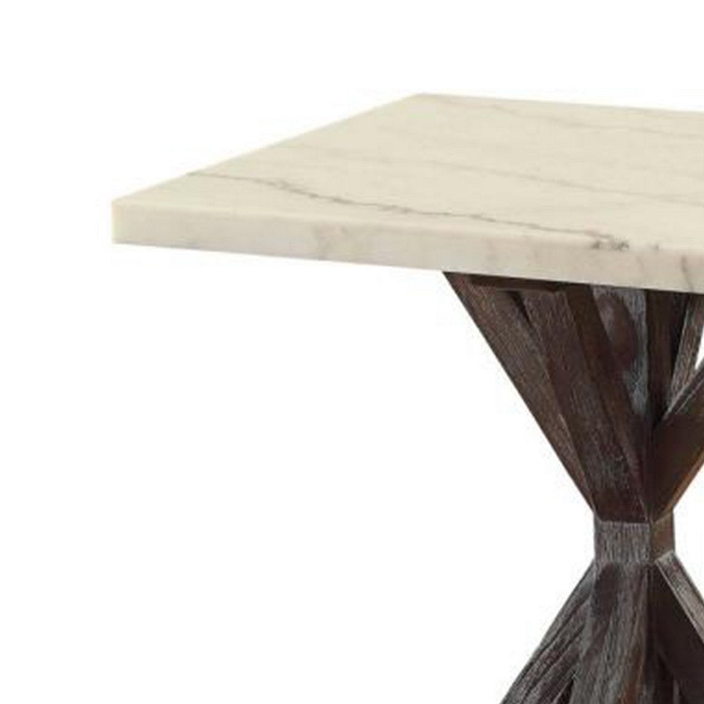 Benzara Marble Top End Table With Wooden Tri Pod Base, White And Espresso Brown