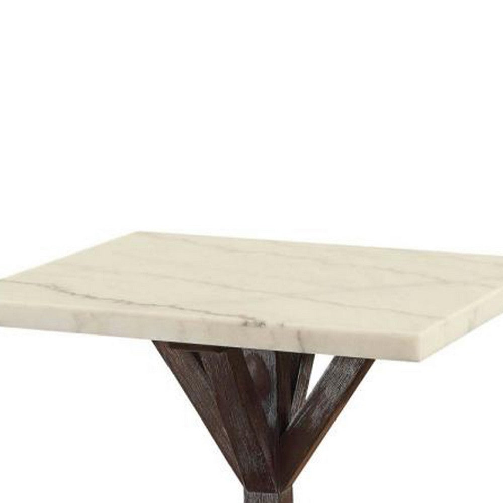 Benzara Marble Top End Table With Wooden Tri Pod Base, White And Espresso Brown