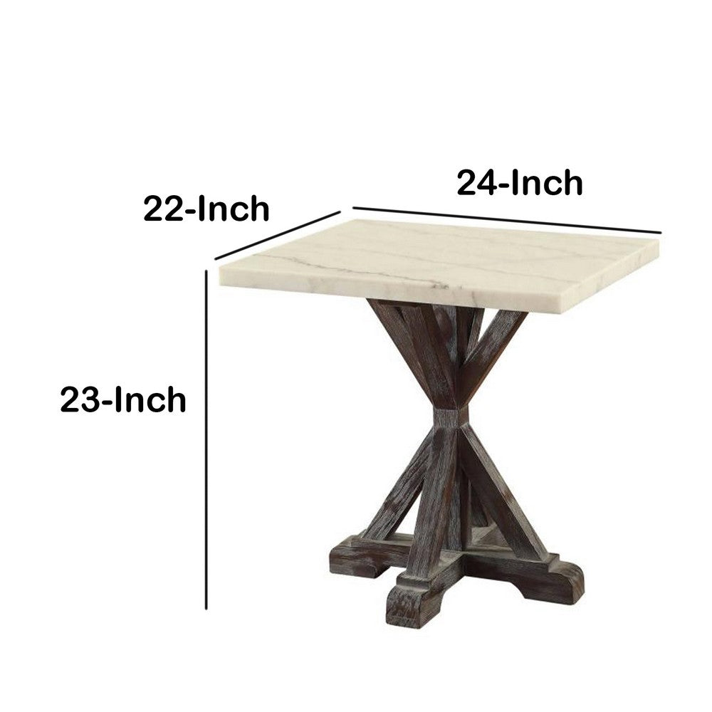 Benzara Marble Top End Table With Wooden Tri Pod Base, White And Espresso Brown