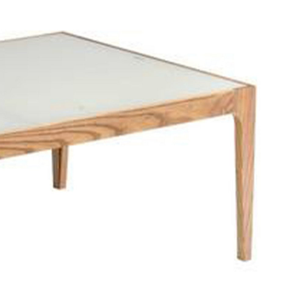 Benzara Wooden Frame Rectangular Coffee Table with Beveled Tempered Glass Top, Brown And Clear