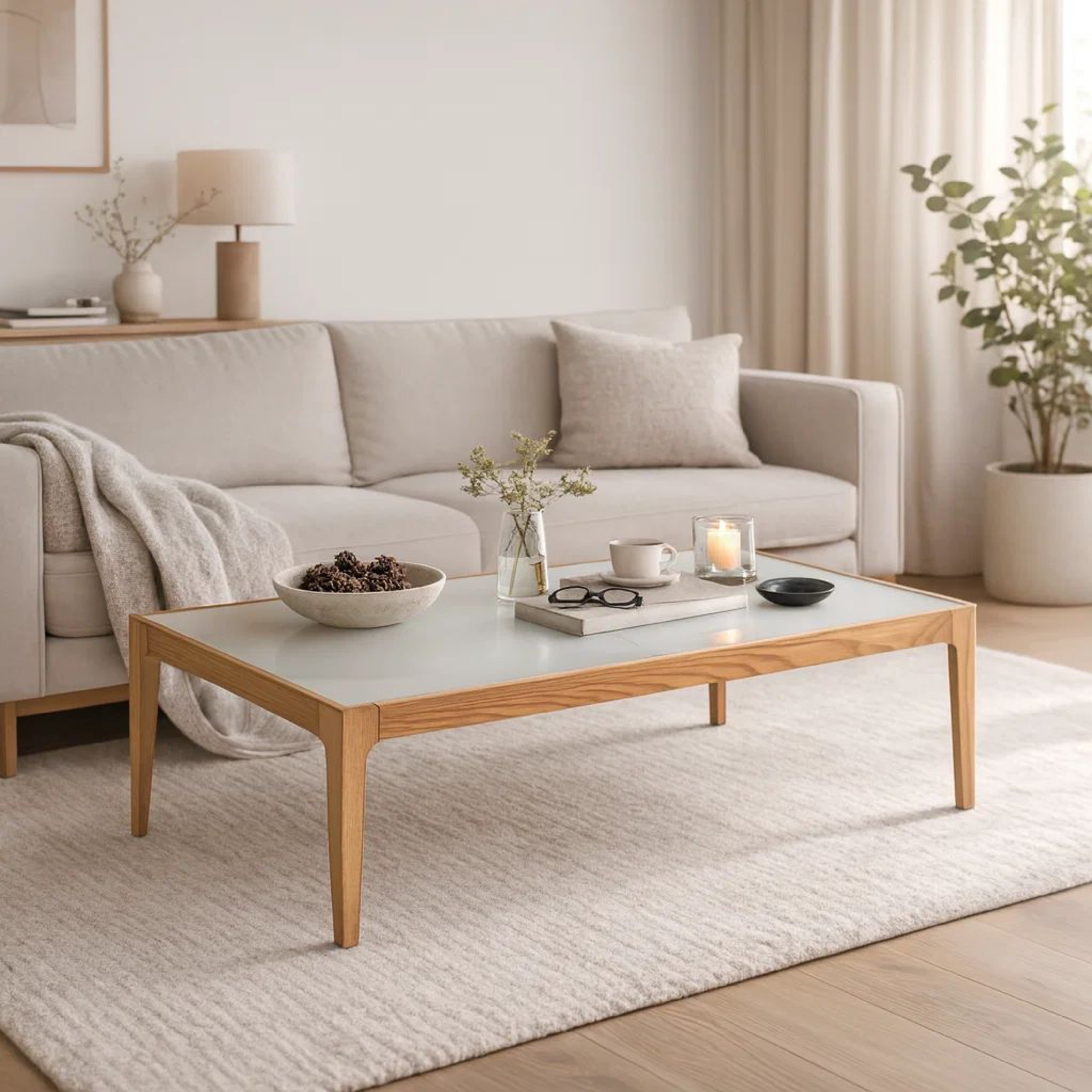 Benzara Wooden Frame Rectangular Coffee Table with Beveled Tempered Glass Top, Brown And Clear