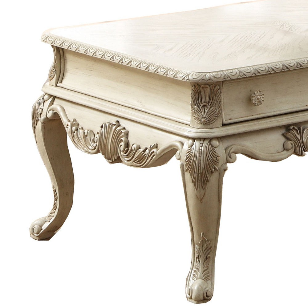 Benzara Vintage Style Wooden Coffee Table with Cabriole Legs And Two Broad Drawers, White