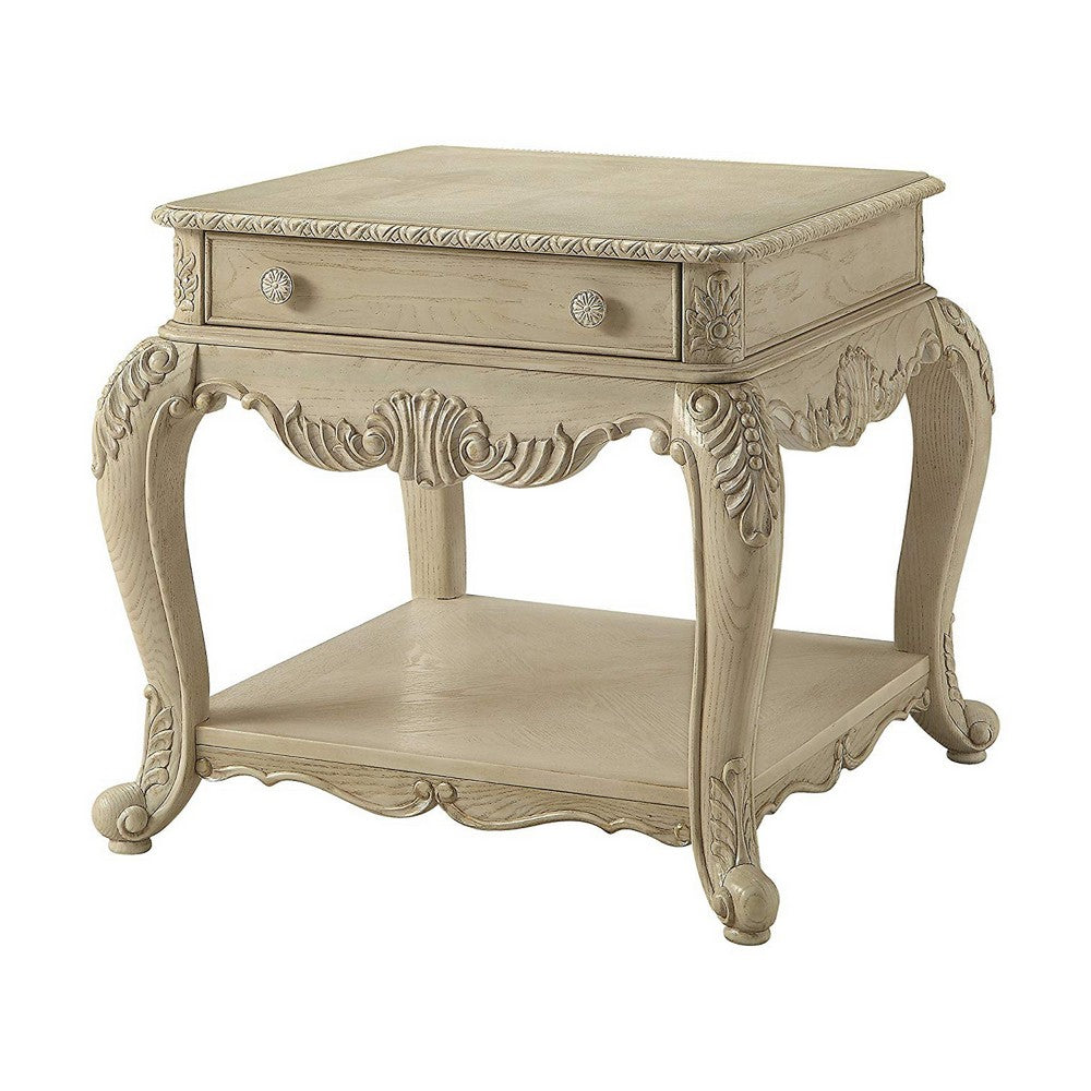 Benzara Wooden End Table With One Drawer And Bottom Shelf, Antique White