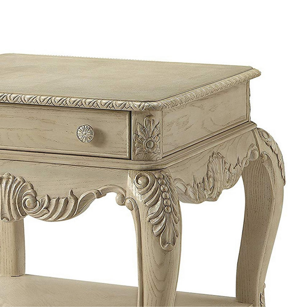 Benzara Wooden End Table With One Drawer And Bottom Shelf, Antique White