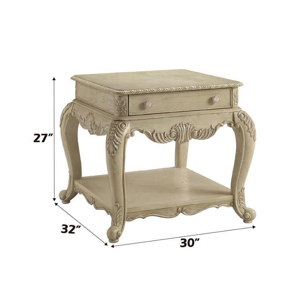 Benzara Wooden End Table With One Drawer And Bottom Shelf, Antique White