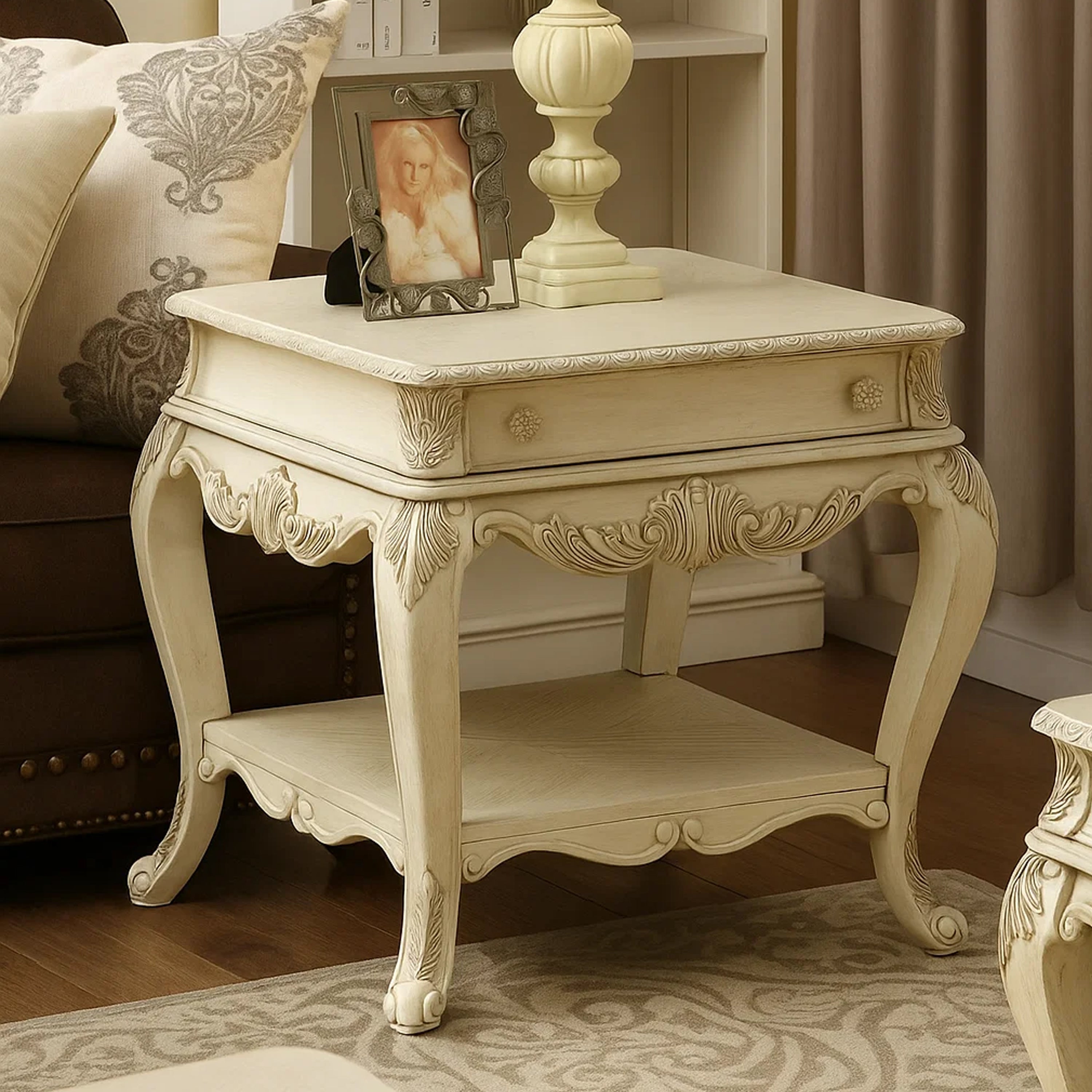 Benzara Wooden End Table With One Drawer And Bottom Shelf, Antique White