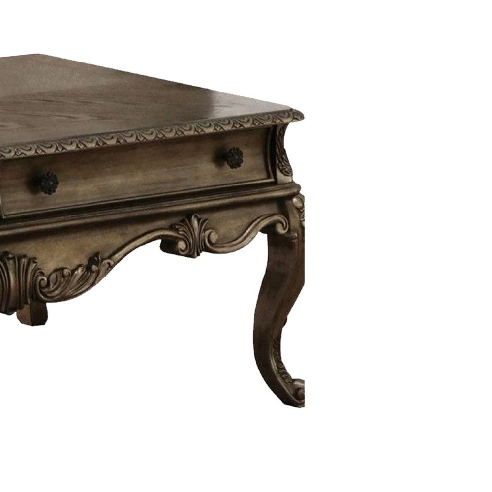 Benzara Wooden Rectangular Coffee Table with Cabriole Legs And Two Broad Drawers, Oak Brown
