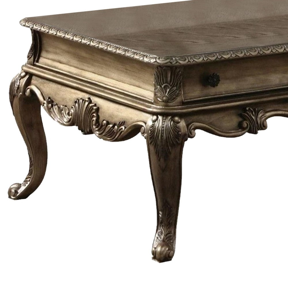 Benzara Wooden Rectangular Coffee Table with Cabriole Legs And Two Broad Drawers, Oak Brown