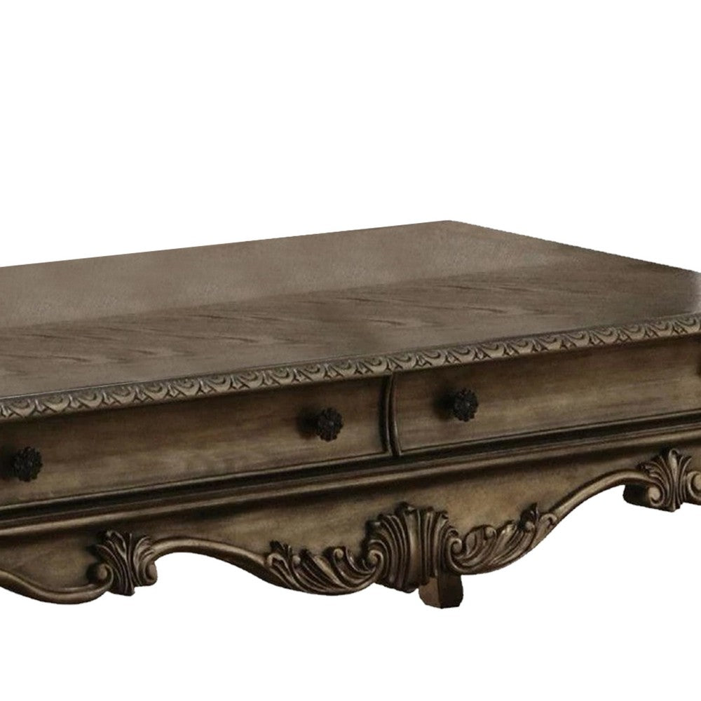 Benzara Wooden Rectangular Coffee Table with Cabriole Legs And Two Broad Drawers, Oak Brown