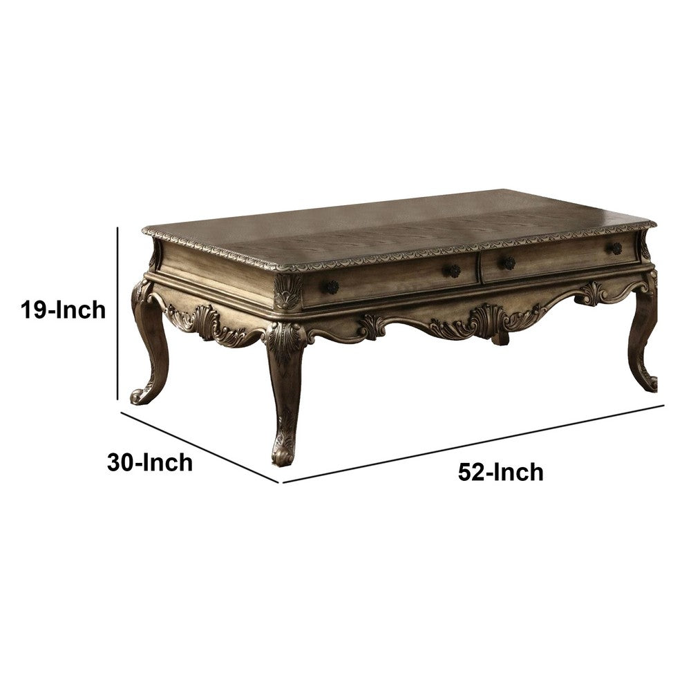 Benzara Wooden Rectangular Coffee Table with Cabriole Legs And Two Broad Drawers, Oak Brown