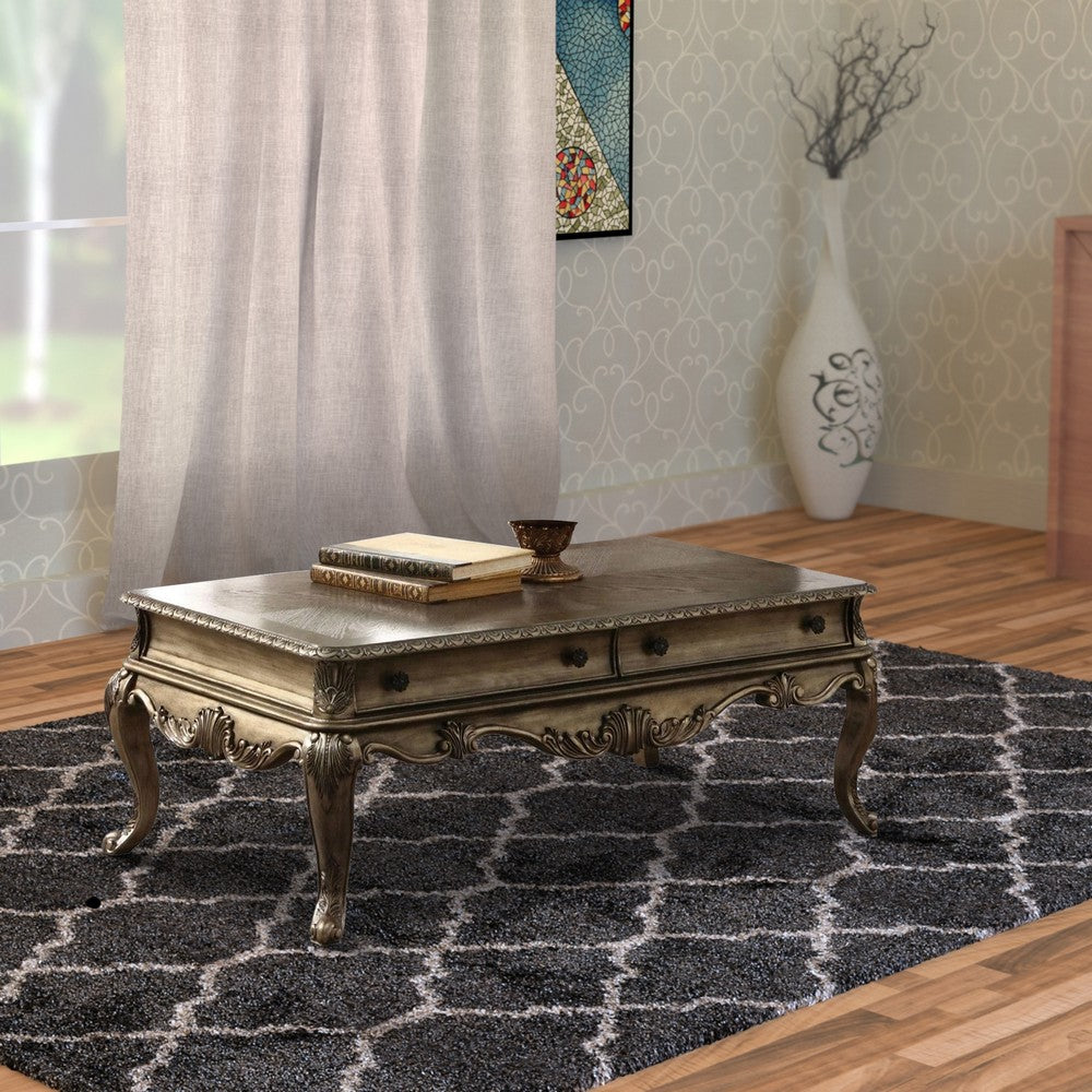 Benzara Wooden Rectangular Coffee Table with Cabriole Legs And Two Broad Drawers, Oak Brown
