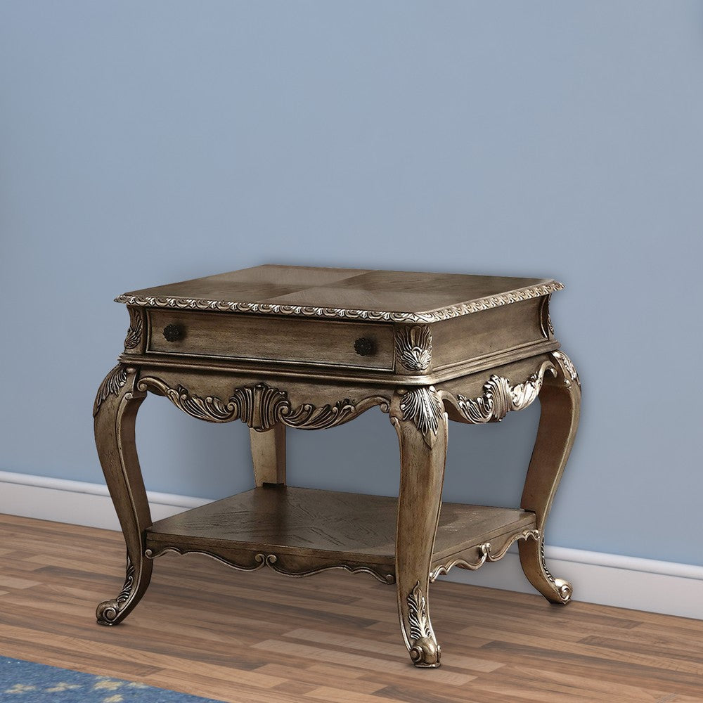 Benzara Wooden End Table With One Drawer And Bottom Shelf, Vintage Oak Brown