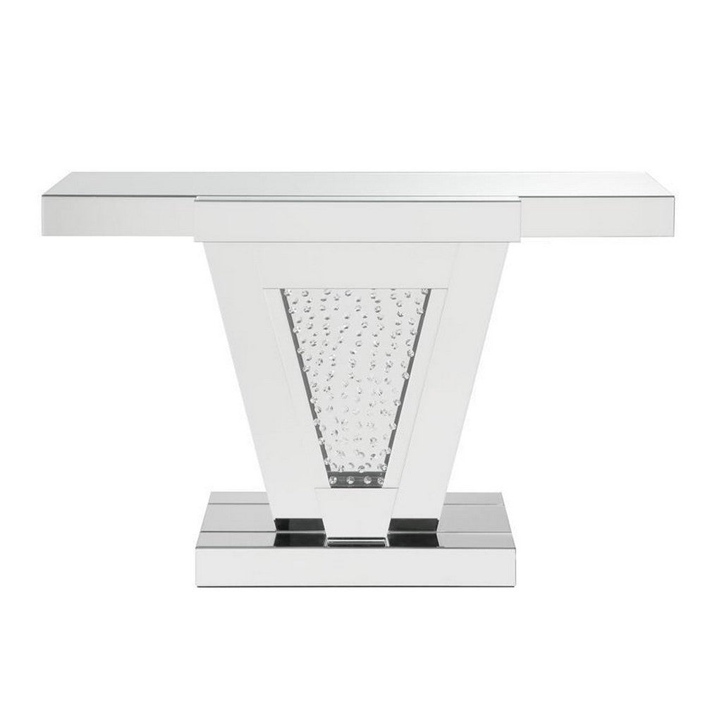 Benjara Wood And Mirror Console Table with Faux Crystals Inlay, Clear
