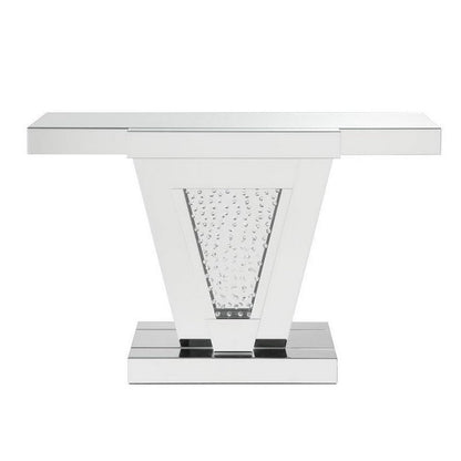 Benjara Wood And Mirror Console Table with Faux Crystals Inlay, Clear