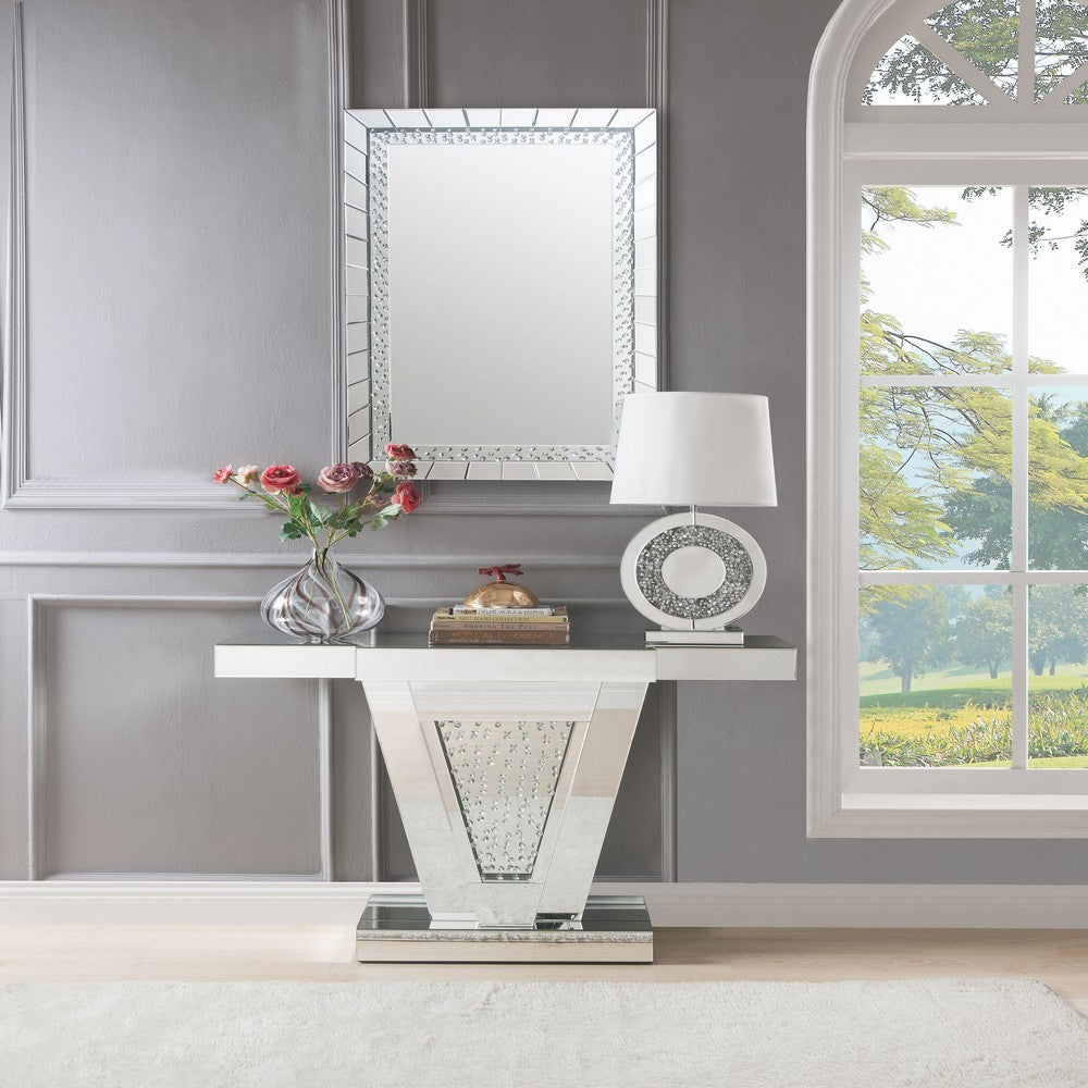 Benjara Wood And Mirror Console Table with Faux Crystals Inlay, Clear