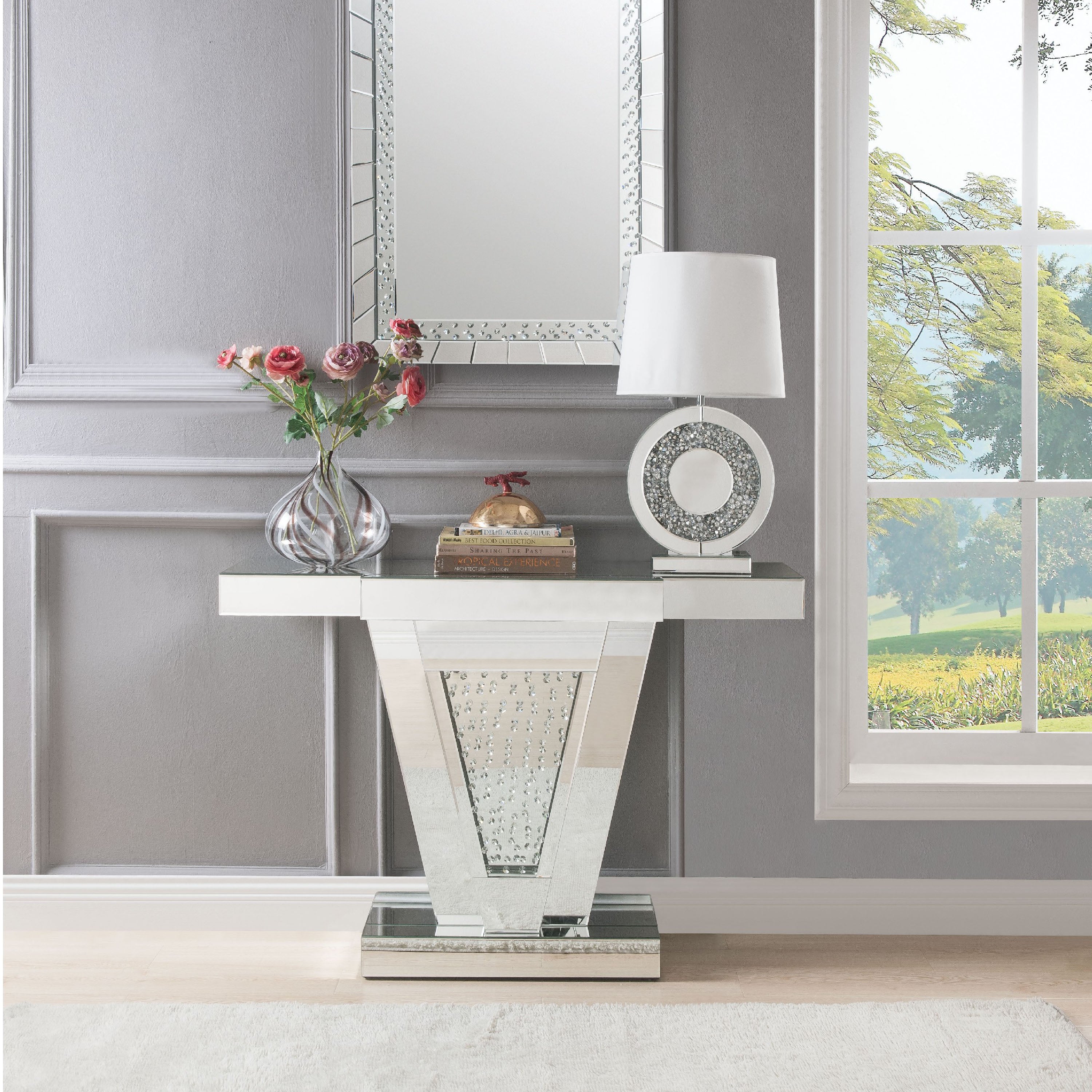 Benjara Wood And Mirror Console Table with Faux Crystals Inlay, Clear