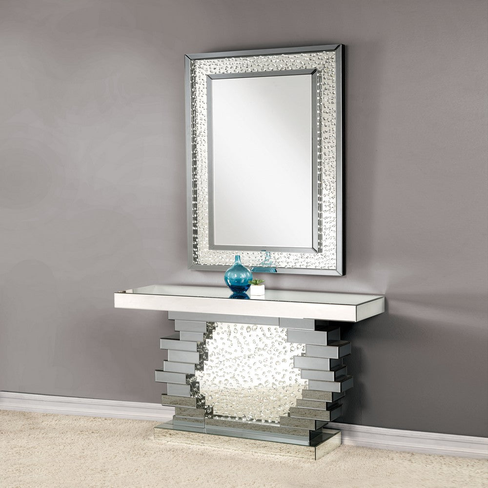 Benjara Wood And Mirror Console Table with Studded Faux Crystals, Black And Clear