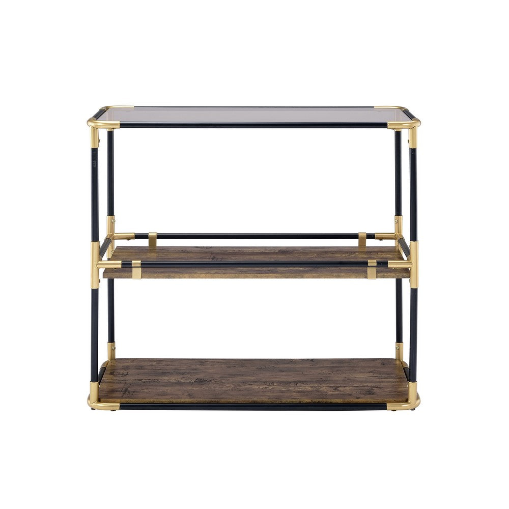 Benzara Rechange Glass Top Console Table Metal Tubular Framing And Wooden Shelves, Black And Brown