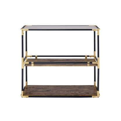 Benzara Rechange Glass Top Console Table Metal Tubular Framing And Wooden Shelves, Black And Brown
