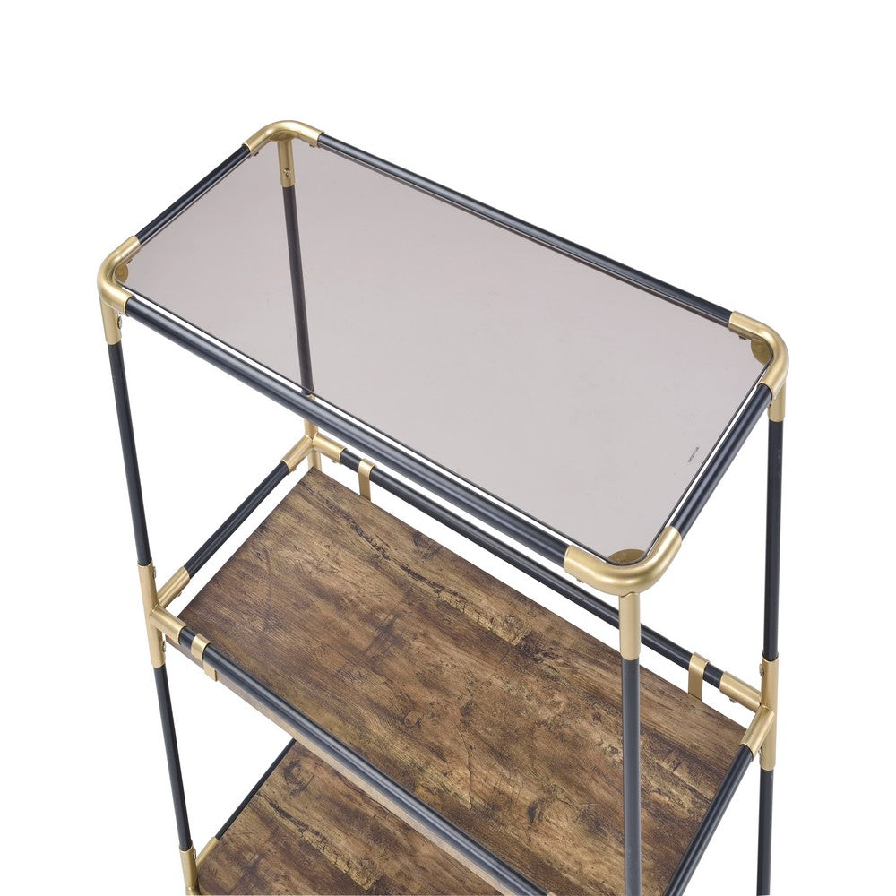 Benzara Rechange Glass Top Console Table Metal Tubular Framing And Wooden Shelves, Black And Brown