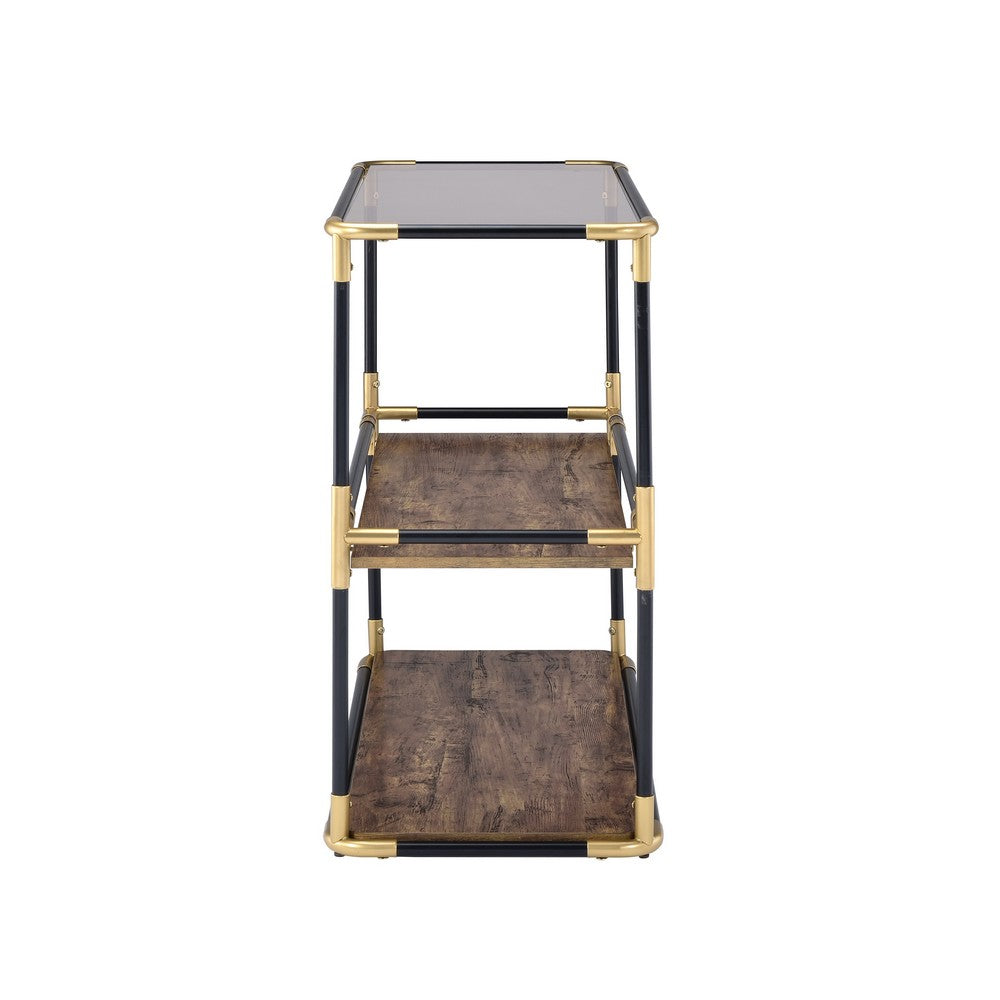 Benzara Rechange Glass Top Console Table Metal Tubular Framing And Wooden Shelves, Black And Brown