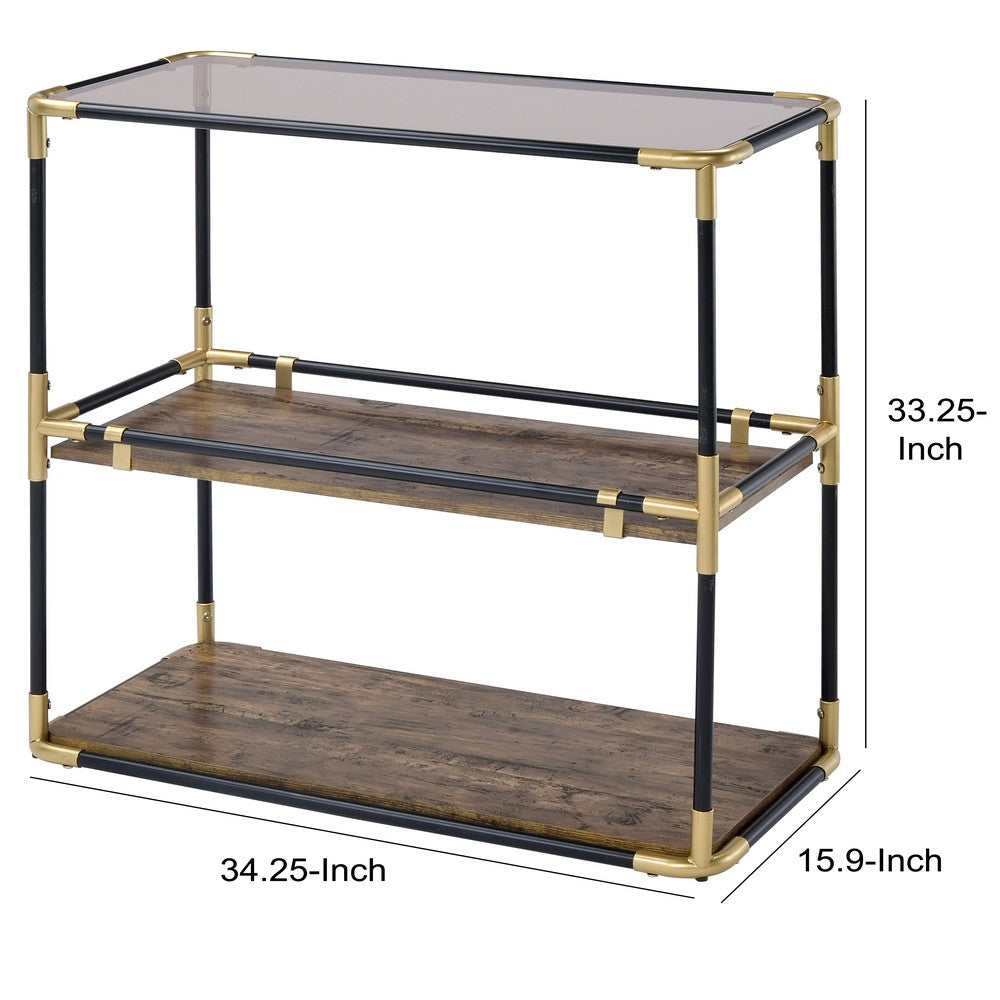 Benzara Rechange Glass Top Console Table Metal Tubular Framing And Wooden Shelves, Black And Brown