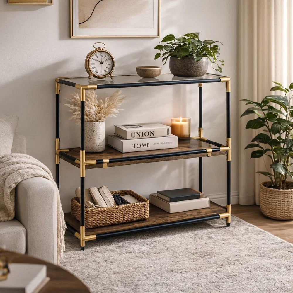Benzara Rechange Glass Top Console Table Metal Tubular Framing And Wooden Shelves, Black And Brown