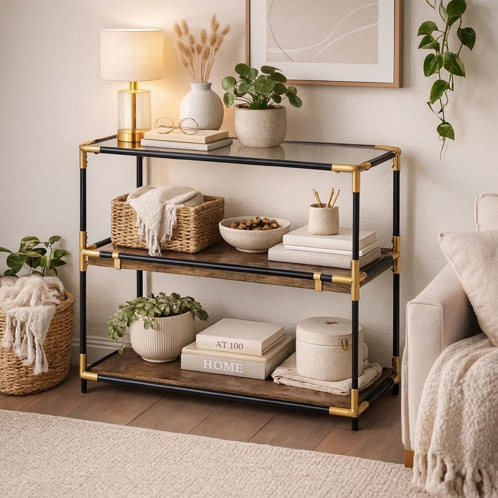Benzara Rechange Glass Top Console Table Metal Tubular Framing And Wooden Shelves, Black And Brown