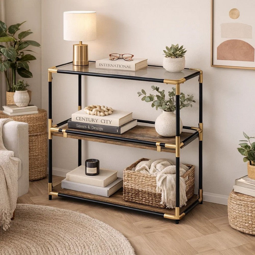 Benzara Rechange Glass Top Console Table Metal Tubular Framing And Wooden Shelves, Black And Brown