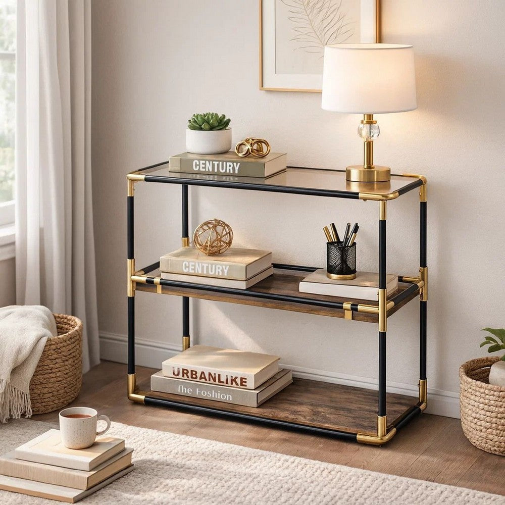 Benzara Rechange Glass Top Console Table Metal Tubular Framing And Wooden Shelves, Black And Brown