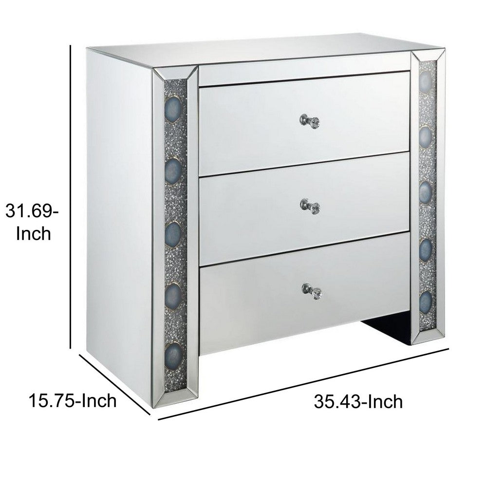 Benzara Chest with 3 Drawers And Mirrored Panels, Silver
